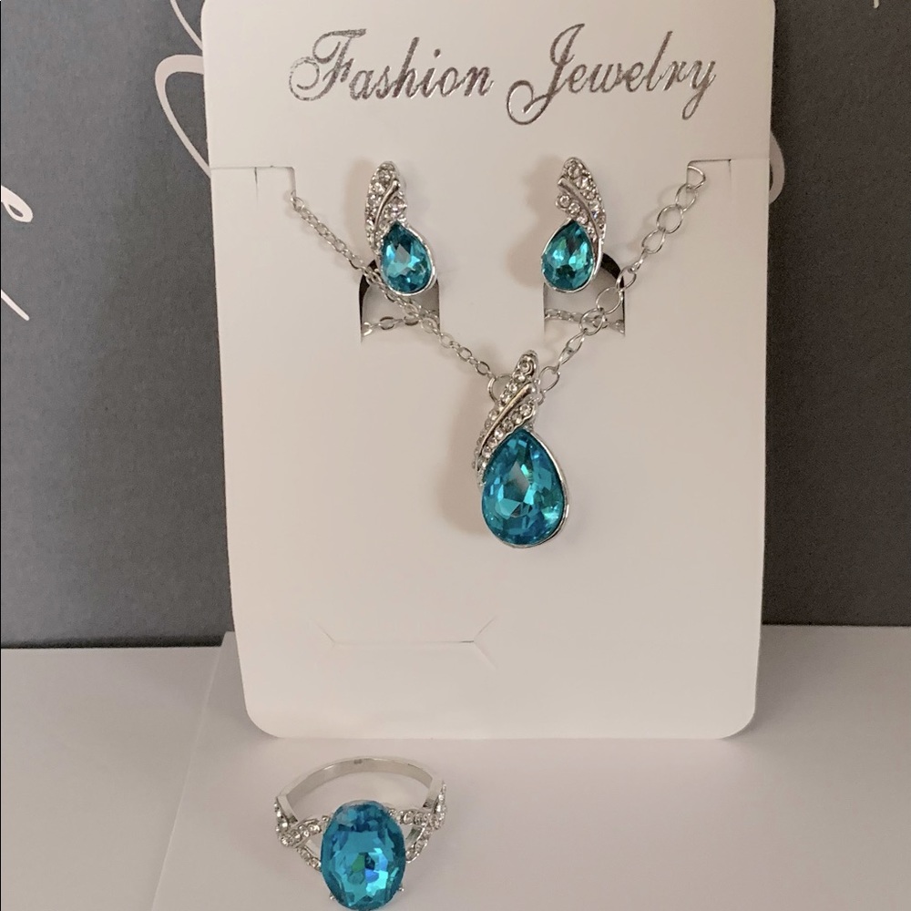 3 carat CZ lake blue 3 piece jewelry set